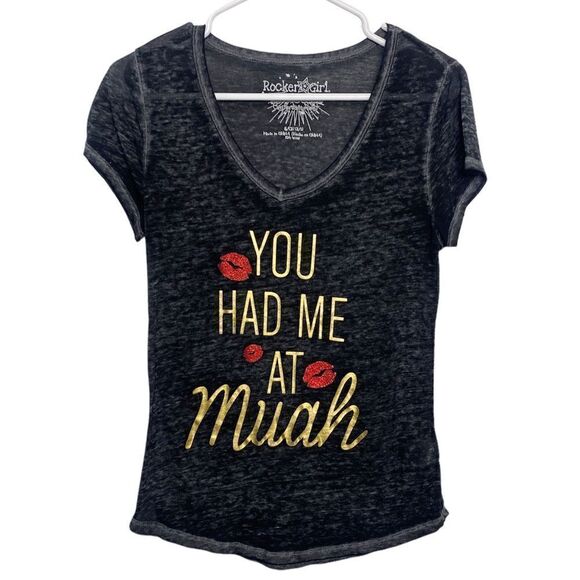 Rocker Girl You Had Me at Muah Short Sleeve Shirt Black Gold Size Small - Picture 1 of 5